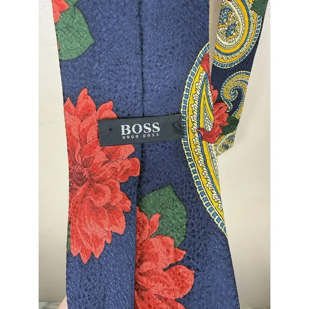 Hugo Boss Men’s 100% Silk Tie Made in Italy Red Blue Floral Pattern Neckwear